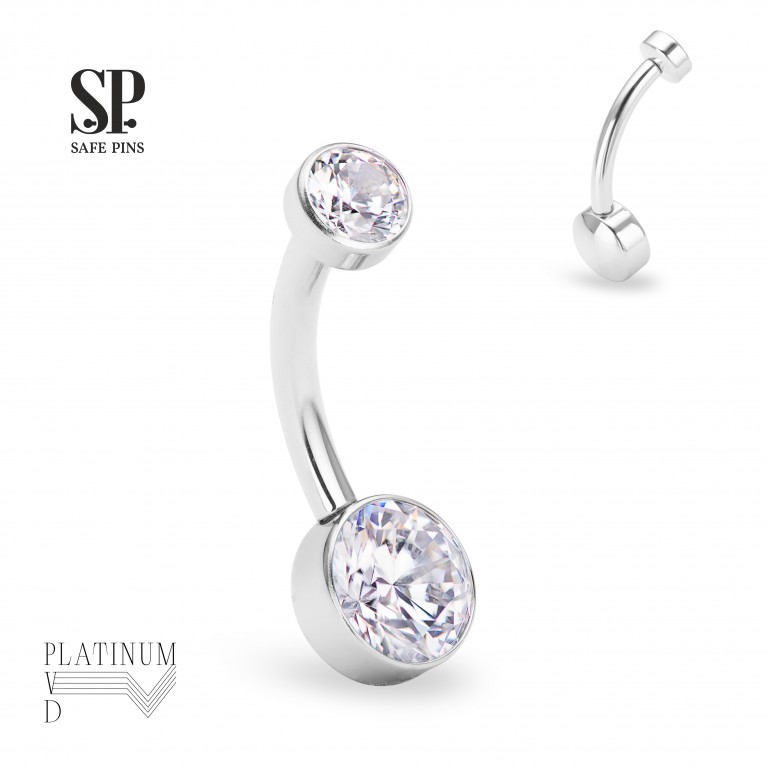 Банан интернальный в пупок с кристаллами CZ диски 4/6 мм Platinum PVD